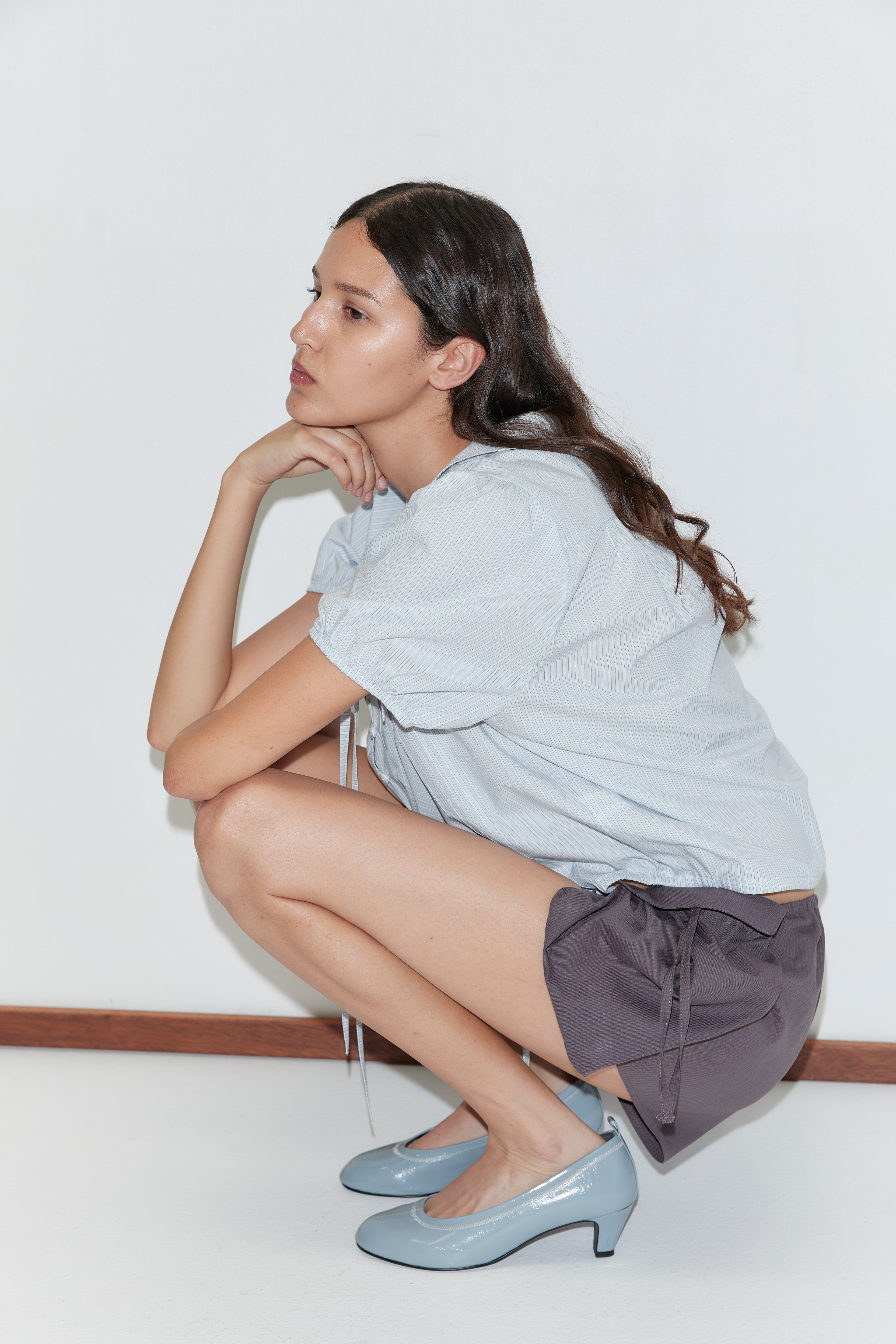 Fine Collar Top - Mist Stripe